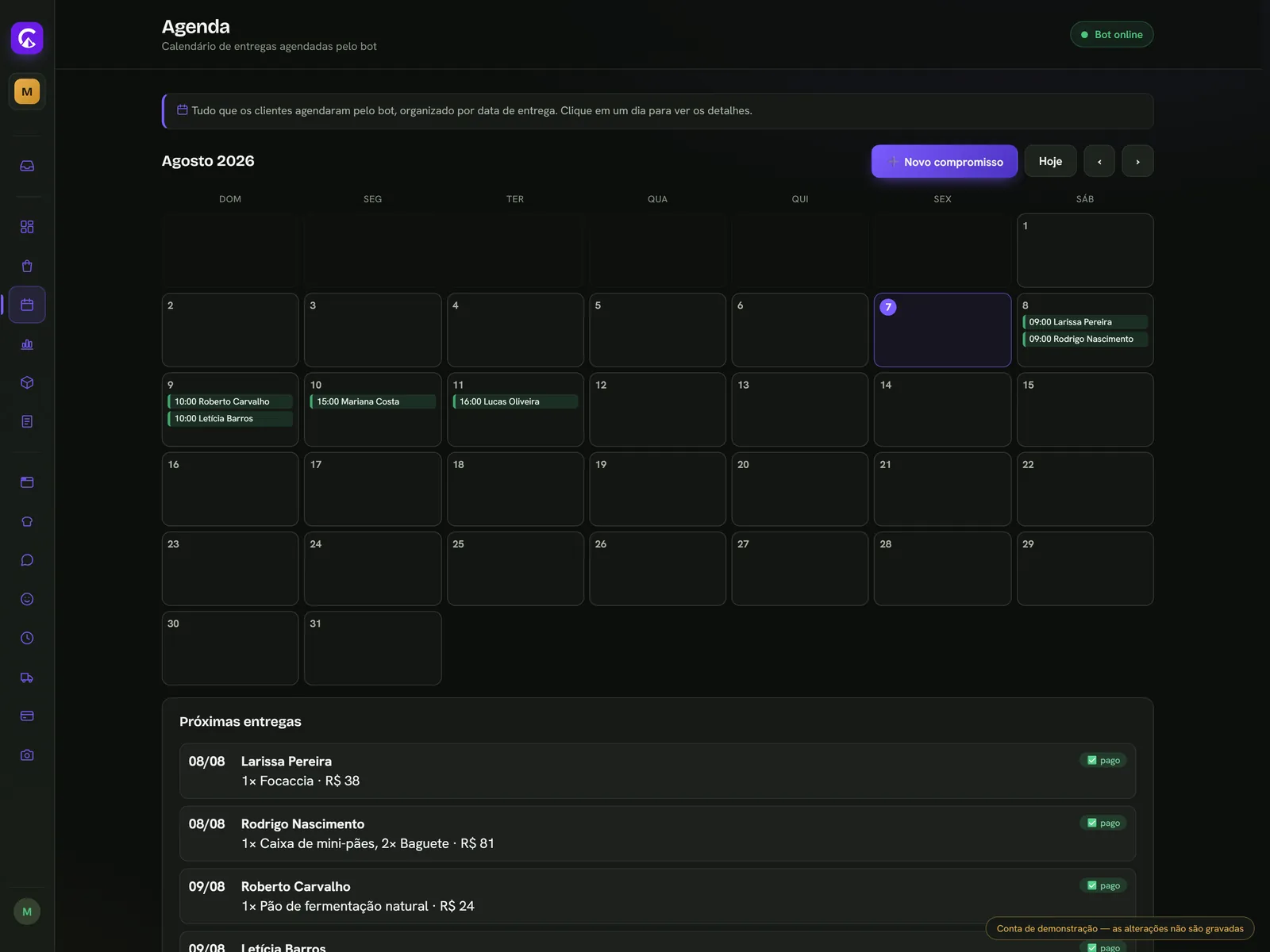 Agenda do painel ChatPeak: calendário do mês com os compromissos que o bot marcou.