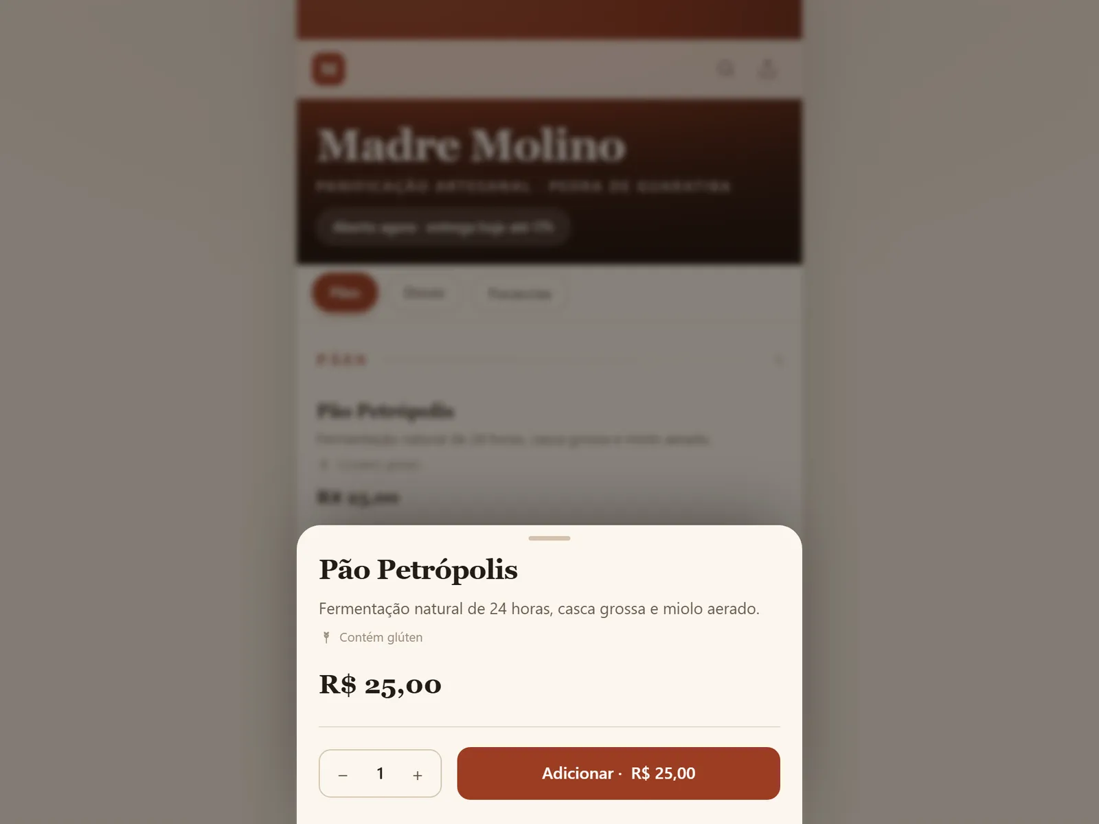 A loja da Madre Molino no ar: cardápio com preços e as categorias Pães, Focaccias e Doces.